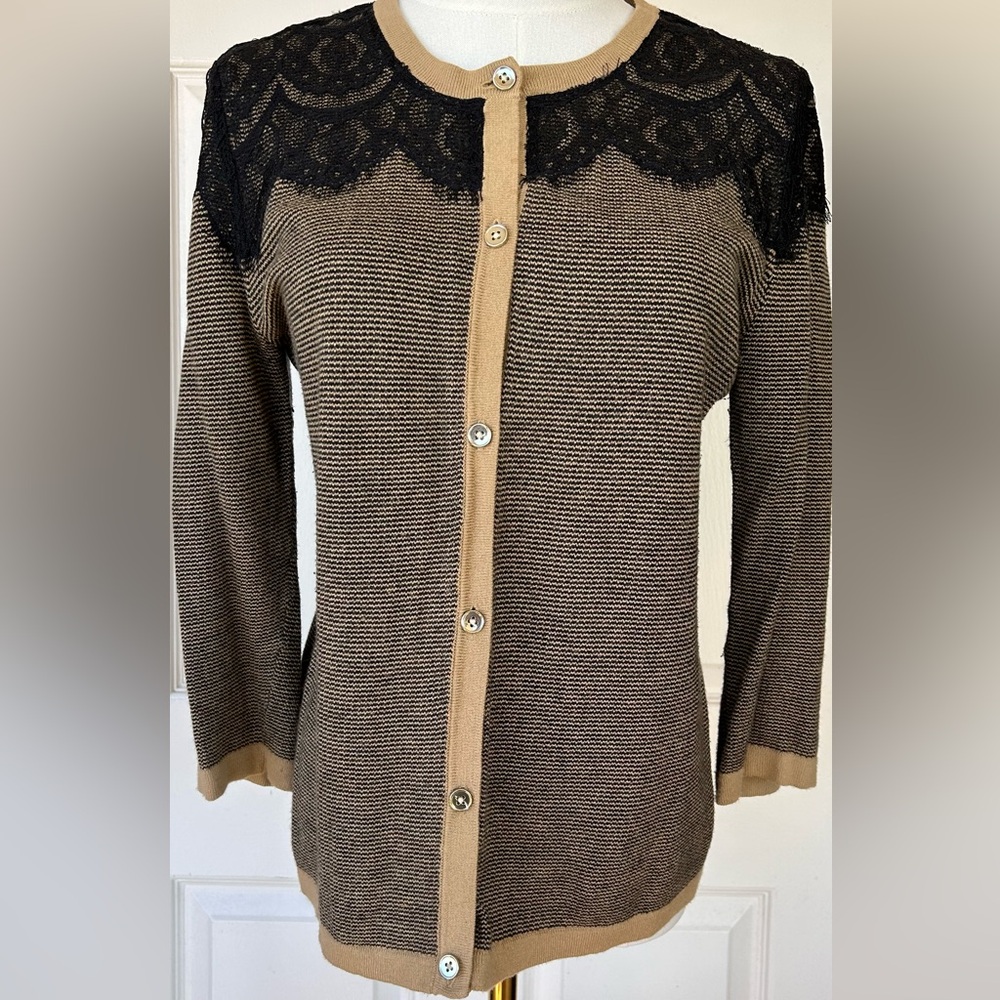 Ann Taylor Factory Knit & Lace Cardigan Tan Black Size‎ LP
